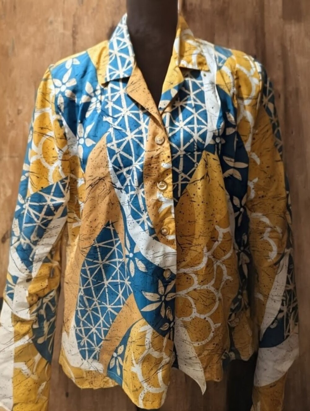 Women's Short-Sleeve Button Front Blouse in Mustard Yellow & Blue Sz12 (041)
